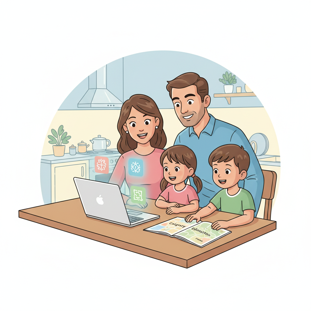 Parents comparing Calgary and Edmonton school systems using official school board websites at home