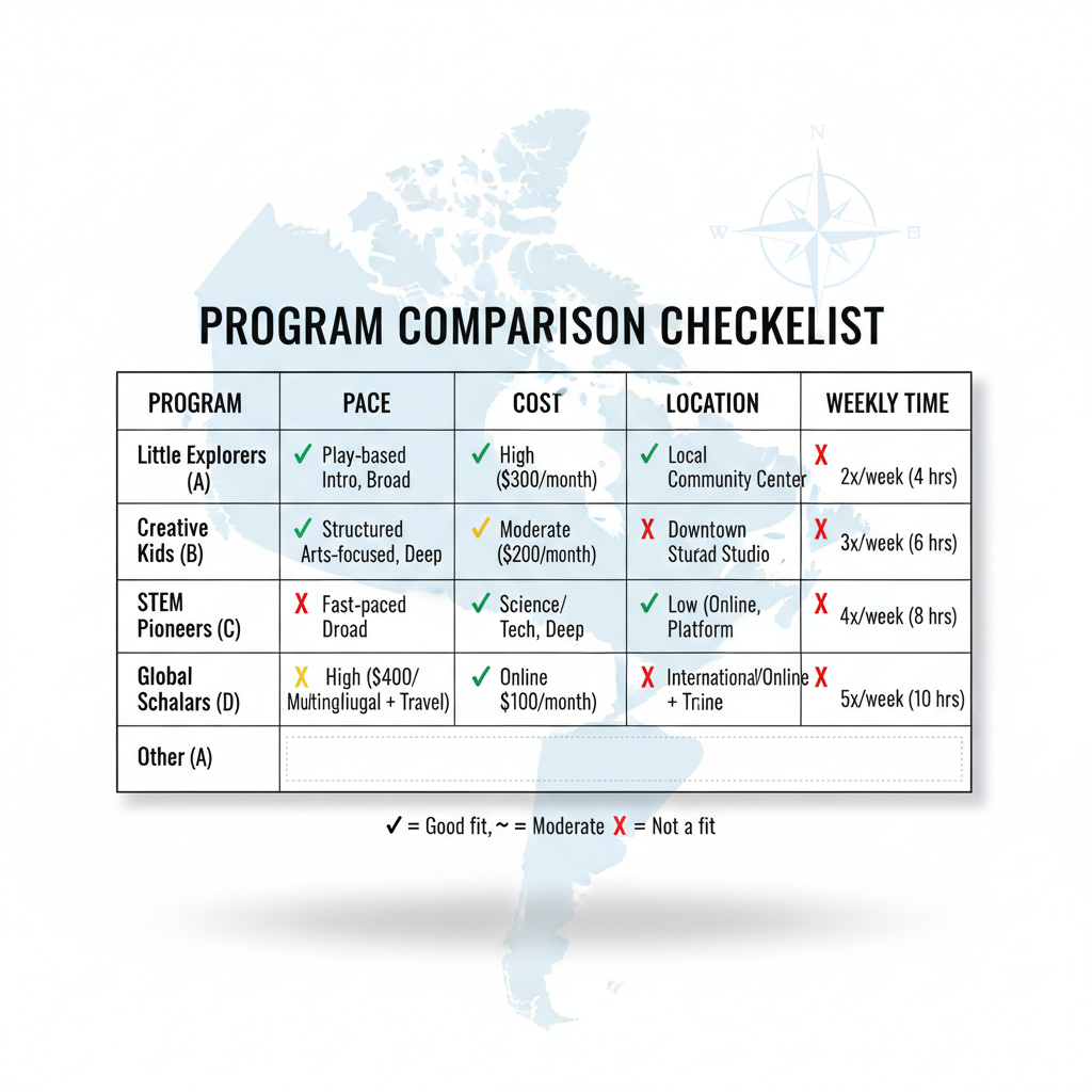 Checklist to compare enrichment and advanced programs by pace, depth, and time