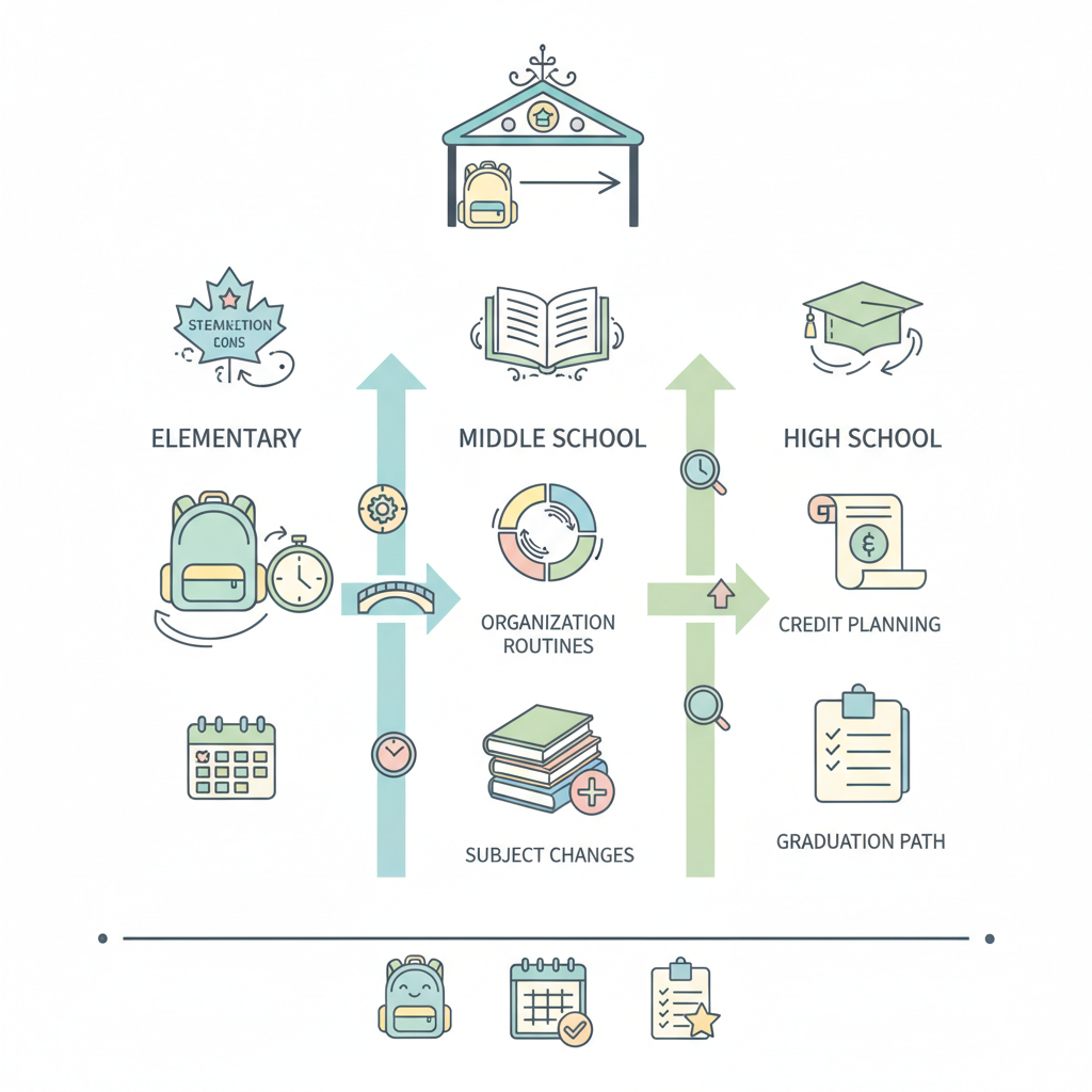 Transition checklist infographic for elementary vs middle vs high school structure in Canada