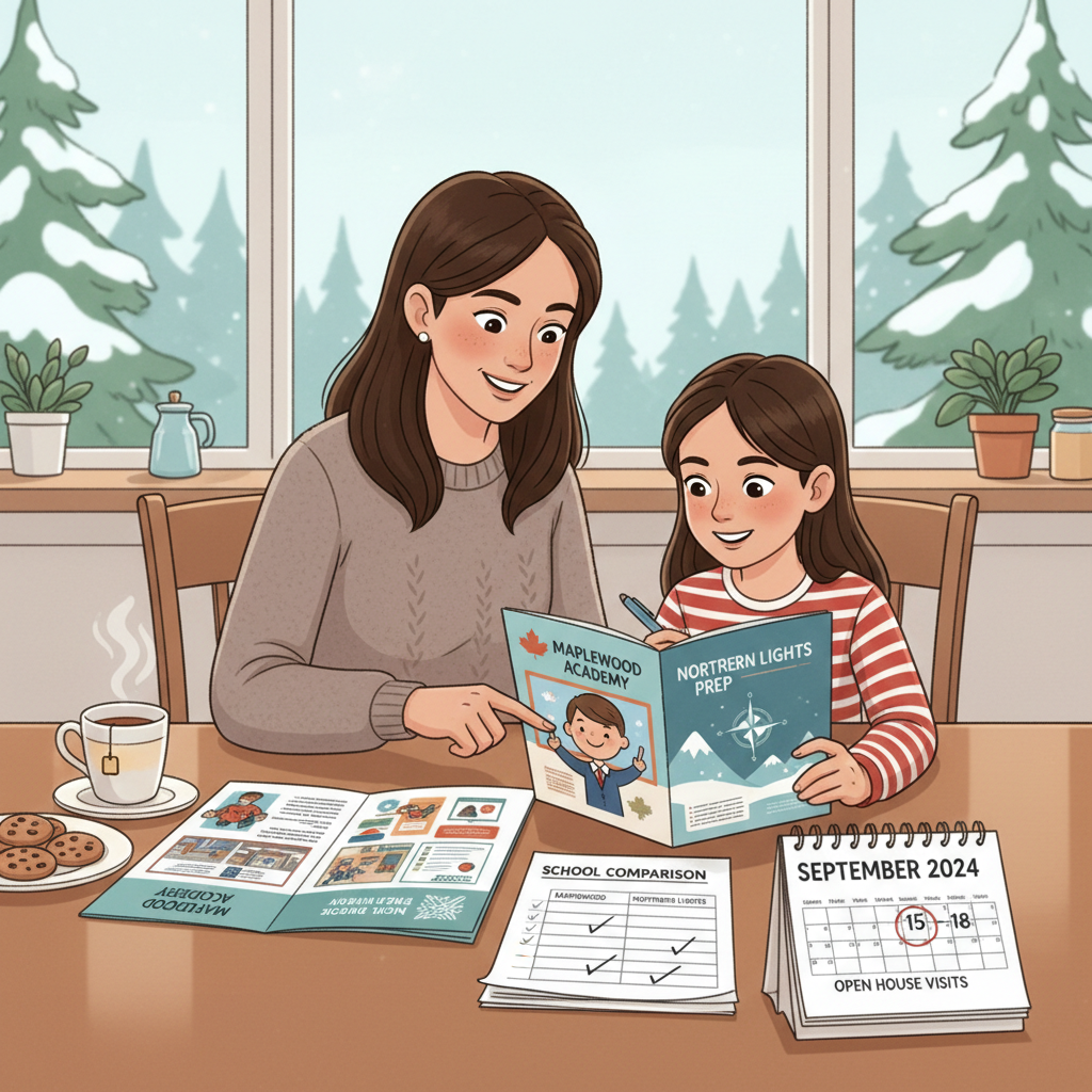 Canadian parent comparing day schools vs boarding schools with a child using a checklist