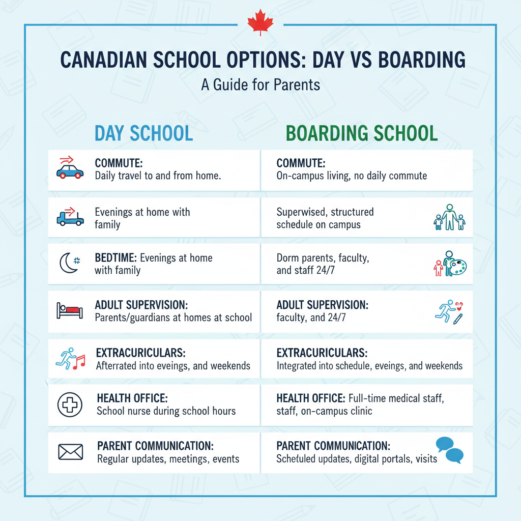 Side-by-side chart explaining day schools vs boarding schools routines and support