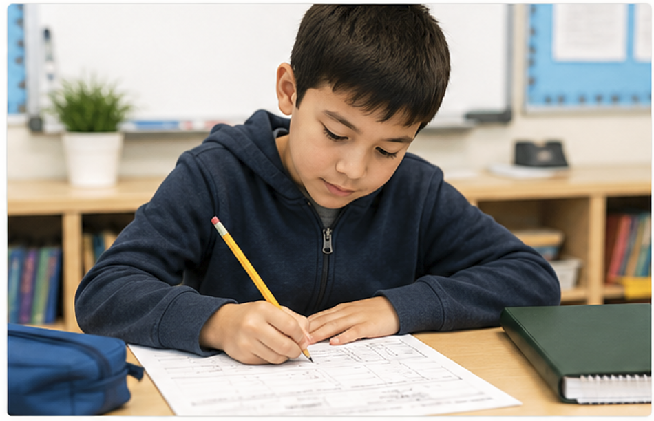 Grade 5 student working on Ontario math curriculum exercises