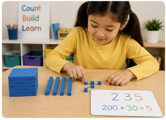 Grade 2 student learning place value with base ten blocks Ontario math curriculum