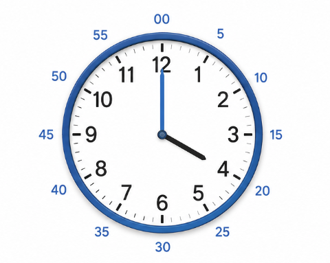 Analogue clock showing time to nearest five minutes for Grade 2 math curriculum Ontario measurement