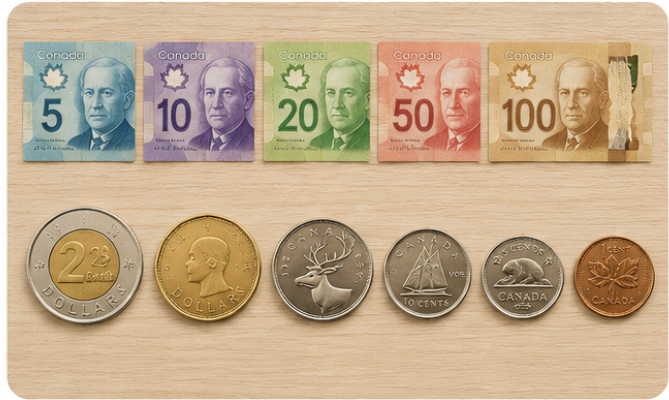 Canadian coins and bills for Grade 2 financial literacy Ontario math curriculum