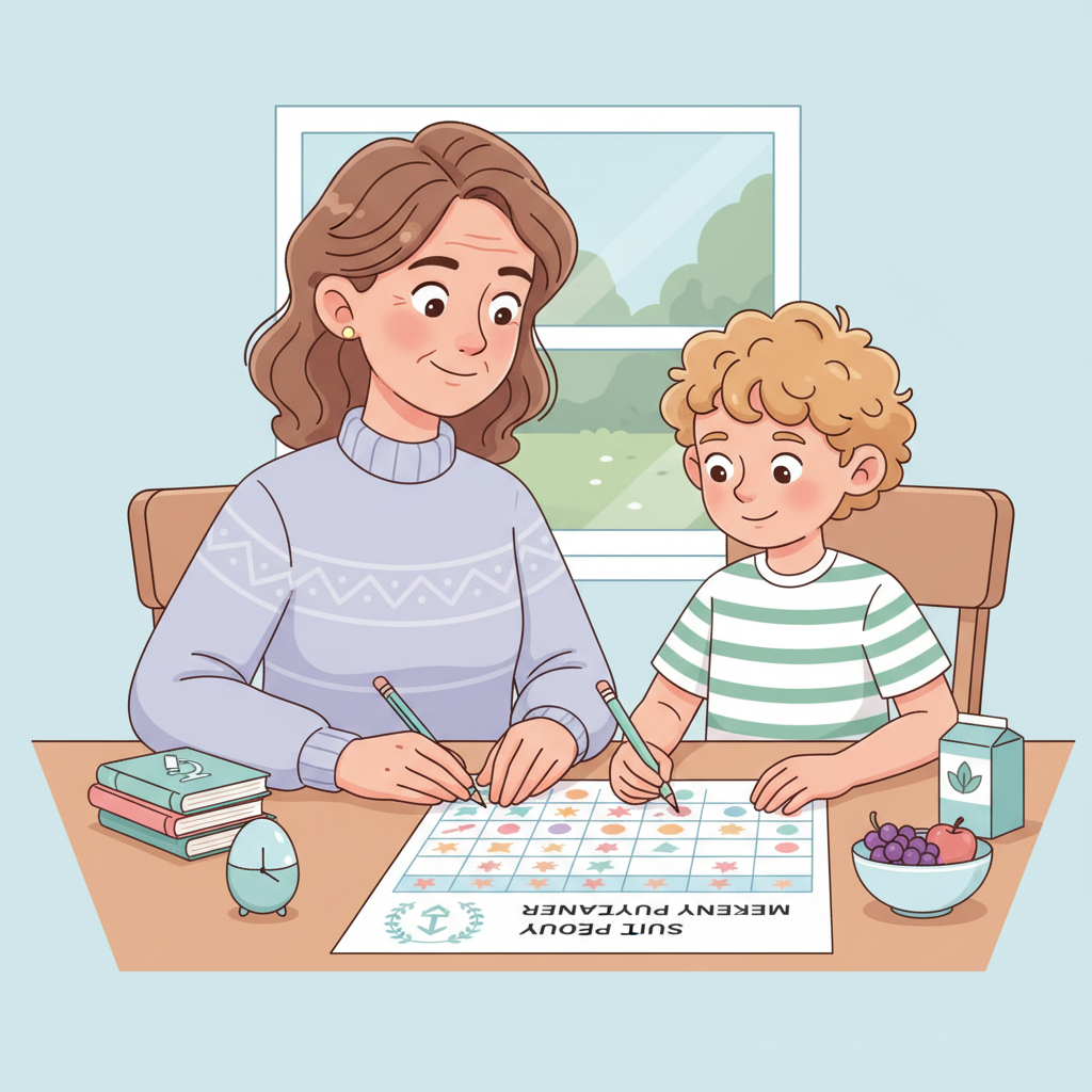 Parent and child using study planners and goal-setting templates at home to plan a weekly routine