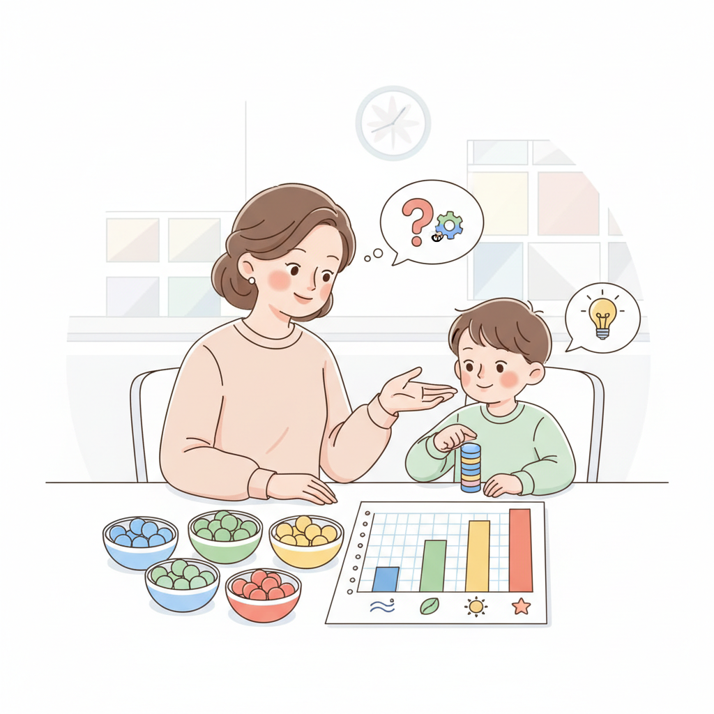 Parent and child at a kitchen table sorting coloured counters into categories and sketching a simple bar graph on grid paper, emphasizing conversation and reasoning for ages 4–8. Parent and child practising data management and statistics with a simple home bar graph