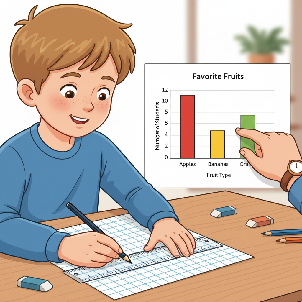 Close-up of a child drawing graph axes with a ruler on graph paper, showing a labelled bar graph with a scale counting by 2s while a parent points to the y-axis for interpretation, ages 8–12. Child using data management and statistics skills to label scales and read a bar graph